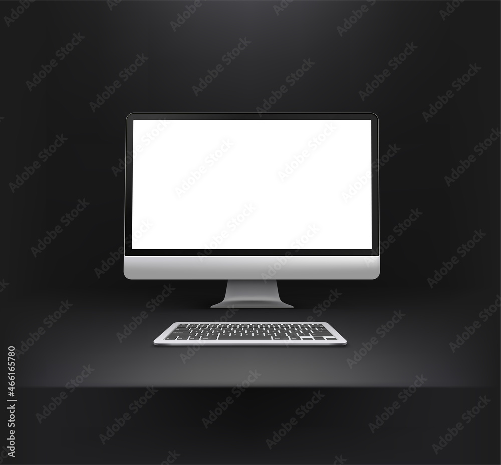Dark interior with modern computer with keyboard. Vector mockup Stock ...