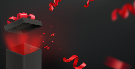 Poster - Black gift box with red glow. Vector banner with copy space