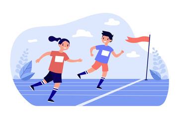 Poster - Kids runners running fast to finish line on marathon race. Happy boy and girl jogging flat vector illustration. School sport competition concept for banner, website design or landing web page