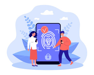 Poster - Tiny people using fingerprint recognition in account. Man and woman paying with mobile phone flat vector illustration. Digital signature, ID concept for banner, website design or landing web page