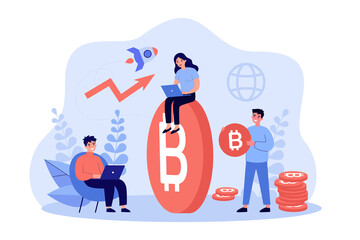 Wall Mural - Tiny traders investing, trading in crypto market. Business people sitting near growing bitcoin flat vector illustration. Trade, cryptocurrency concept for banner, website design or landing web page