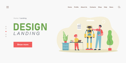 Poster - Happy father and son making robot together. Man with screwdriver, child programming machine on laptop flat vector illustration. Technology, education concept for banner, website design or landing page