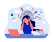 © Bro Vector - Confused female employee with chaos in head. Frustrated overworked woman with work problem flat vector illustration. Burnout, neurosis, stress, concept for banner, website design or landing web page