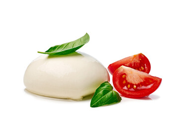 Wall Mural - Mozzarella with tomato slices and basil on white background