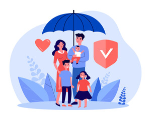 Poster - Family standing under insurance umbrella together. Shield protection for parents and children flat vector illustration. Health and life insurance concept for banner, website design or landing web page