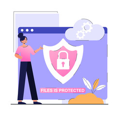 Poster - Cyber security concept. Woman stands next to screen with shield image. Files and documents protected from hacker attacks. Password for cloud data storage. Cartoon modern flat vector illustration