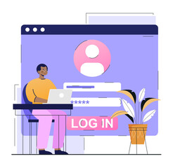 Aufkleber - sign in page concept. man sitting at laptop and enters password to log in to personal account. data 