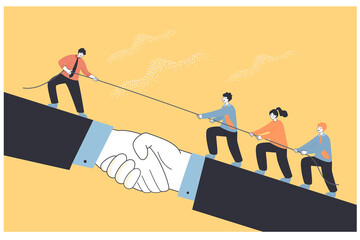 Teamwork of tiny business people climbing handshake after leader. Businessman giving assistance, support to male and female employees flat vector illustration. Success, achievement, leadership concept