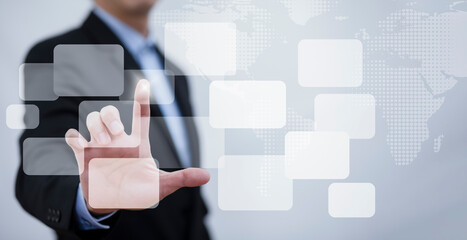 Poster - Businessman pushing touch screen button empty  on the graph Screen Icon of media screen, Technology Process System Business with Communication,Concept Business, technology, social media.