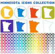 Minnesota icons collection. Bright colourful trendy map icons. Modern Minnesota badge with us state map. Vector illustration.