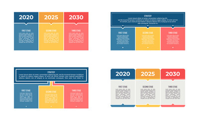 Business process. Chart with 3 steps, options, sections. Vector template.