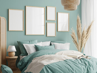 Wall Mural - wall gallery mockup in cozy bedroom, boho style, 3D render