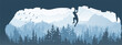 Silhouette of rock climber climbing overhang in cave. Forest and mountains in the background, birds. Magical misty landscape, fog. Blue illustration. Banner.