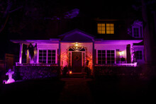 Halloween Night Lights Decorating House With Cemetery Theme