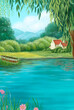Summer landscape by the river with a boat and a house. Out-of-town fishing in nature in the mountains. Digital illustration