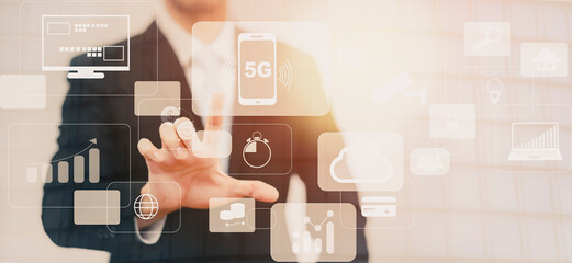 Poster - Businessman touchscreen on the graph Screen Icon of a media screen, Technology Process System Business with Communication and marketing concept, Team success, HR Human, Business success