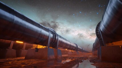 Wall Mural - A pipeline running through the flooded excavation full of mud. Fuel transport.