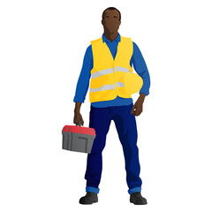 African-American construction worker with a toolbox and yellow helmet. Vector flat style illustration isolated on white