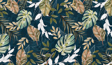 Beautiful Pattern Of Tropical Leaves. Wall Decor. A Mural For The Room. Photo Wallpapers For The Interior. Tropical Pattern Of Different Leaves. Painted Leaves.