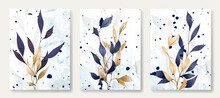 Luxury Navy Blue And Gold Print With Plants And Ink Splashes. Botanical Art Background For Decoration, Print And Packaging