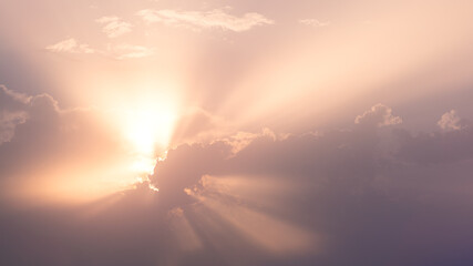 Wall Mural - Wonderful view of cumulus clouds sky with orange sun light at sunset of summer