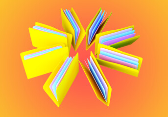 Poster - Folders with papers. Information archive. Visualization of document folders on orange background. Storage of documentation. Paper or electronic data. Information organization concept. 3d image.
