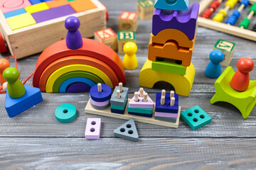  Colorful wooden toy blocks, rainbow, pyramid. Natural toys for  kids, kindergarten