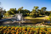 Beautiful Fountain In The Dallas Botanical Garden In Fall Season