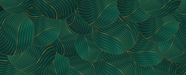 Turquoise abstract background with circles and golden wavy pattern. Art deco ornament vector design