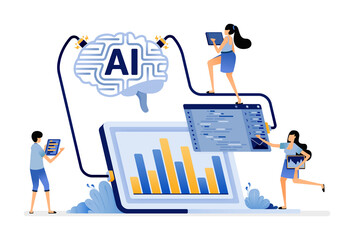 illustration of artificial intelligence develops machine learning programs and analyzes input data. 