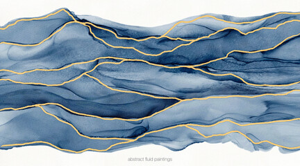Poster - Abstract blue paint background with gold lines by liquid fluid watercolor or alcohol ink grunge texture for banner, background.