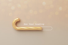 Christmas Loading Concept. Candy Cane On Luxury Gold Background With Bokeh. 3d Rendering Illustration