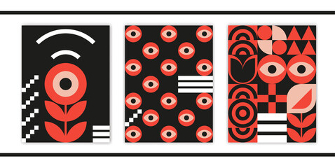 Bauhaus geometric design with eyes elements. Primitive modern shapes and forms. Vector interior posters, covers, banners.