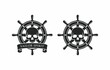 Set of black and white illustrations of a steering wheel, skull on a white background. Design element for poster, emblem, print, sticker, label, badge and tattoo. Vector illustration. Marine symbols.
