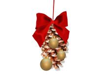 Christmas Pine Twigs With Red Ribbon And Pine Cone. Vector Illustration
