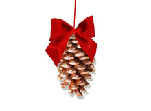 Christmas Pine Twigs With Red Ribbon And Pine Cone. Vector Illustration