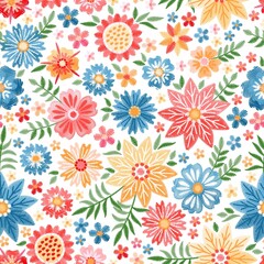 Wall Mural - Cheerful variegated floral pattern with embroidered abstract flowers and leaves on a white background. Retro style. Seamless pattern for fabric.