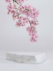 Wall Mural - japanese style minimal background. stone podium and cherry blossom white background for product pres