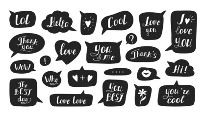 Aufkleber - Speech bubble. Hand drawn text message and social media chat retro dialog cloud with handwritten phrase. Black and white quotes frames. Calligraphic lettering. Vector graphic elements set