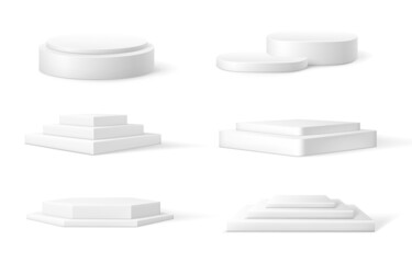 Poster - Realistic pedestal. 3D white empty podium. Cylinder winner stage and round presentation platform. Geometric square or polygonal exhibition base mockup for event. Vector scene stands set