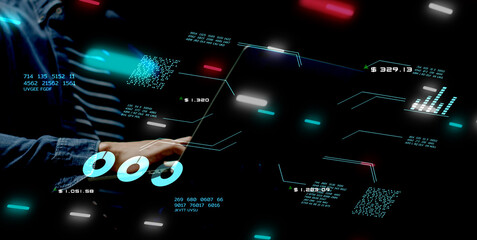 Aufkleber - smart businessman hand close up nft financial data on laptop futuristic stock chart graphic, busines