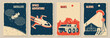 Space mission posters, banners, flyers. Vector illustration Concept for shirt, print, stamp. Vintage typography design with space rocket, mars rover and ufo flying spaceship silhouette.