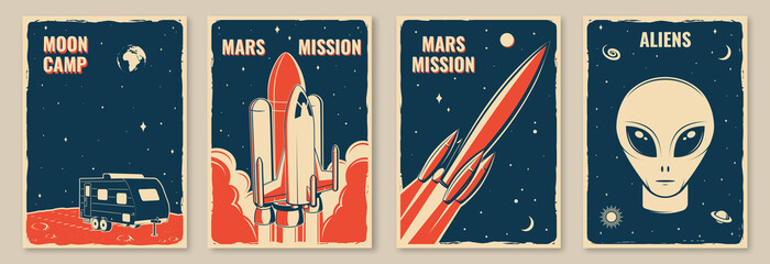 Space mission posters, banners, flyers. Vector illustration Concept for shirt, print, stamp. Vintage typography design with space rocket, alien and camper silhouette.