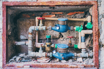 Pipes, meters at water supply system.