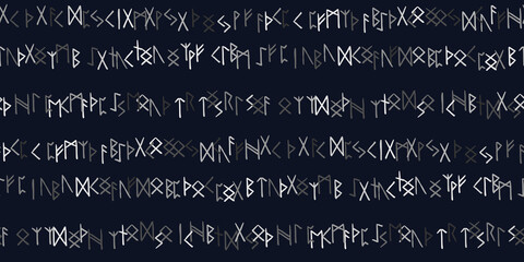 Runes seamless ethnic pattern. Runic alphabet, Futhark. Ancient norse occult symbols, vikings letters on black, rune font. Design for fabric, wallpaper, scrapbook, wrapping. Vector illustration