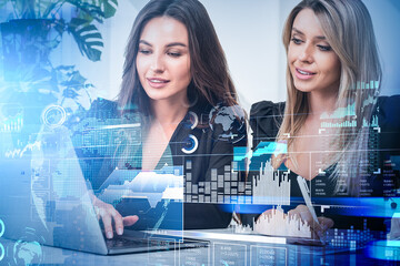 Poster - Businesswoman with laptop, manager write in notebook, earth holo