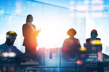 Poster - Business people and conference in office room, earth globe with