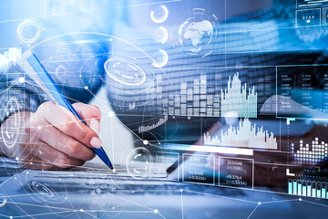Poster - Businesswoman sign a contract, earth globe hologram with network icons