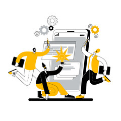 Aufkleber - A team of developers creates a mobile app. The concept of a vector illustration in a flat style on the theme of mobile app development.