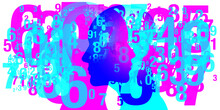 A Female And Male Side Silhouette Positioned Face To Face, Overlaid Randomly With Various Sized Bright Blue And Pink Translucent Overlapping Numbers.